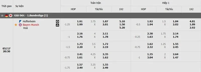 Tỷ lệ kèo trận đấu Hoffenheim vs Bayern Munich Tỷ lệ kèo trận đấu Hoffenheim vs Bayern Munich
